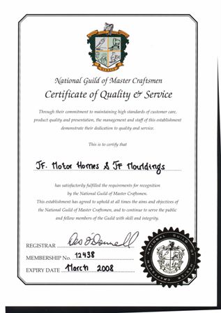 Certificate of Quality and Service